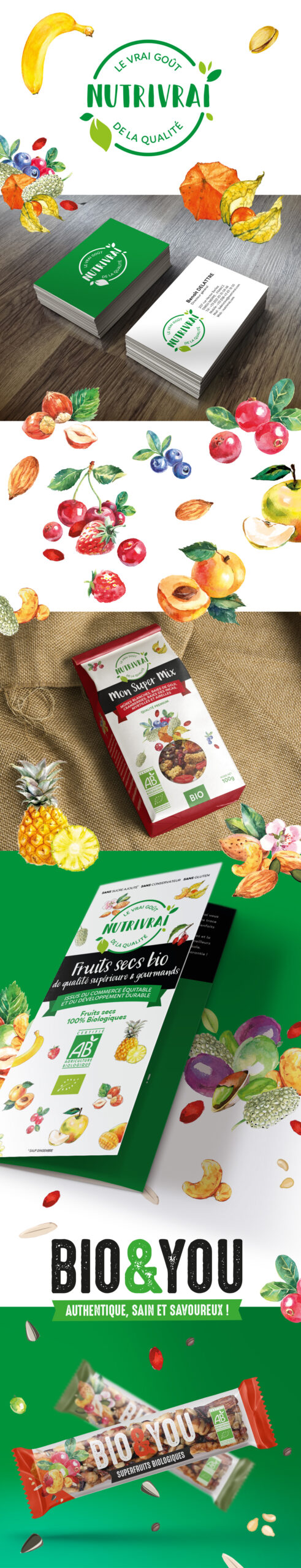 Identité visuelle et design graphique des packagings et des supports de NUTRIVRAI et BIO&YOU, fruits secs premium bio